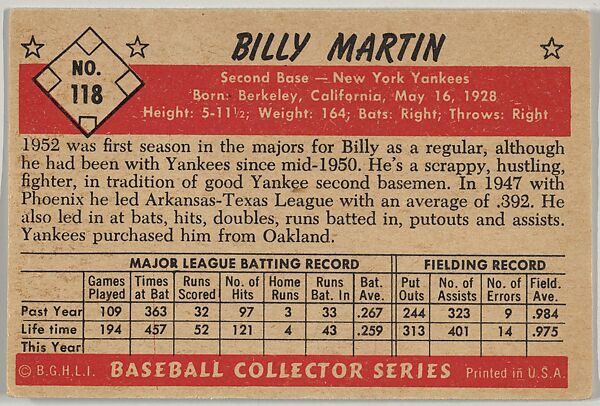 Billy Martin, 2nd Base, New York Yankees, from Collector Series, Colors set, series 7 (R406-7) issued by Bowman Gum, Issued by Bowman Gum Company, Commercial color lithograph