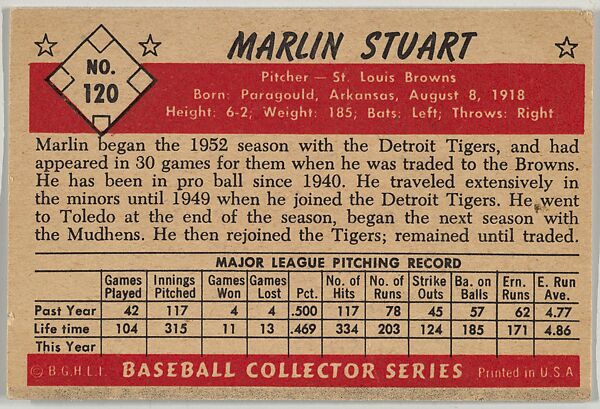Marlin Stuart, Pitcher, St. Louis Browns, from Collector Series, Colors set, series 7 (R406-7) issued by Bowman Gum, Issued by Bowman Gum Company, Commercial color lithograph