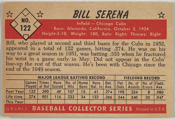 Bill Serena, Infield, Chicago Cubs, from Collector Series, Colors set, series 7 (R406-7) issued by Bowman Gum, Issued by Bowman Gum Company, Commercial color lithograph