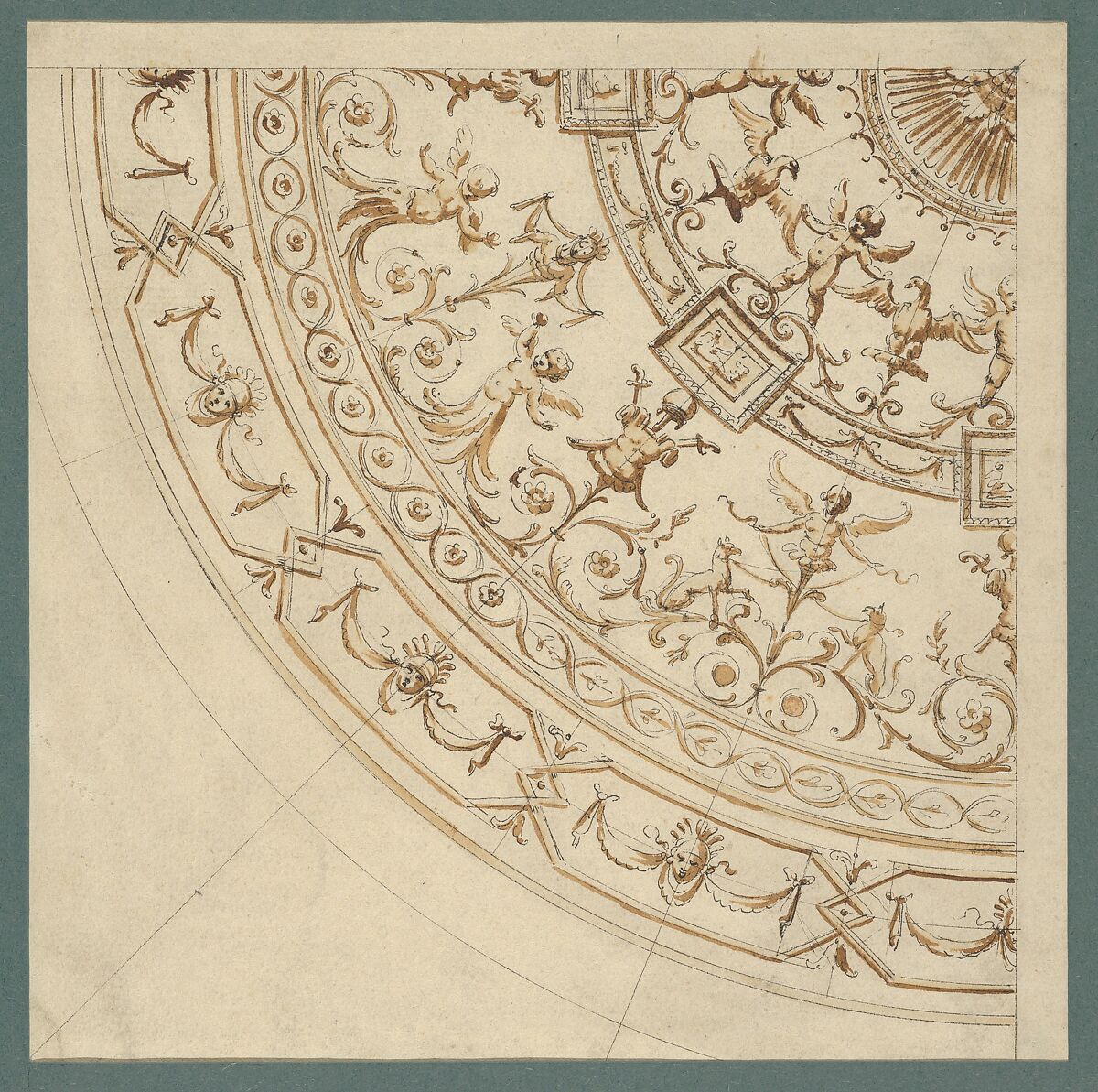 Quarter of a Ceiling with Grotesque Decorations, Guiseppe Mannocchi (Italian, 1731–1782), Pen and black ink with light-brown wash 
