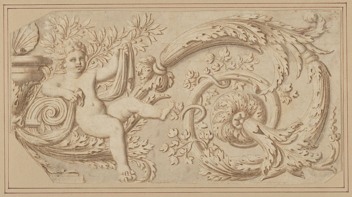 Design for a Frieze with Putto and Acanthus Scroll, Anonymous, French, 17th century, Pen and brown ink with gray and light brown wash 