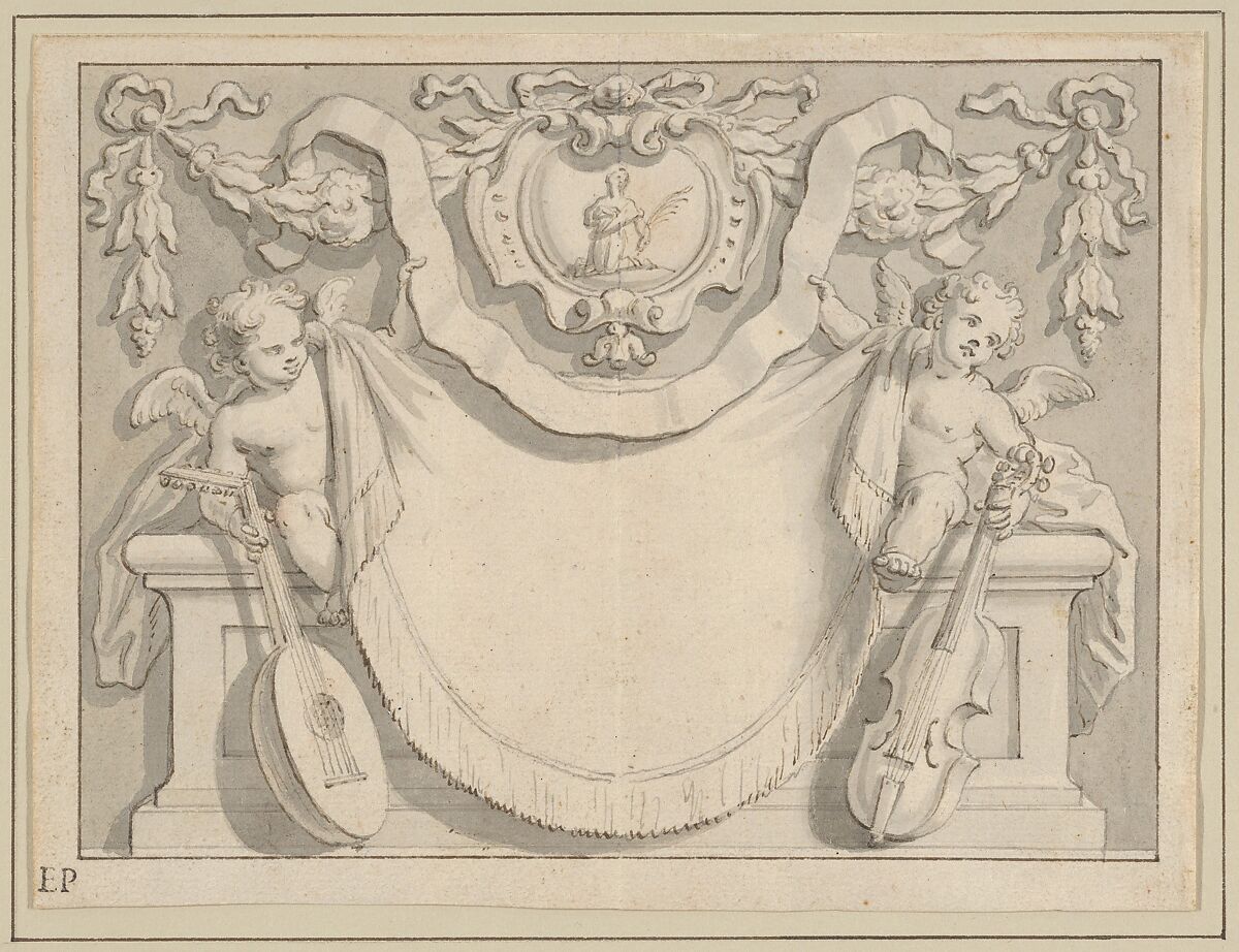 Design for a Cartouche, Anonymous, Italian, 17th century, Pen with brown and gray ink and gray wash 