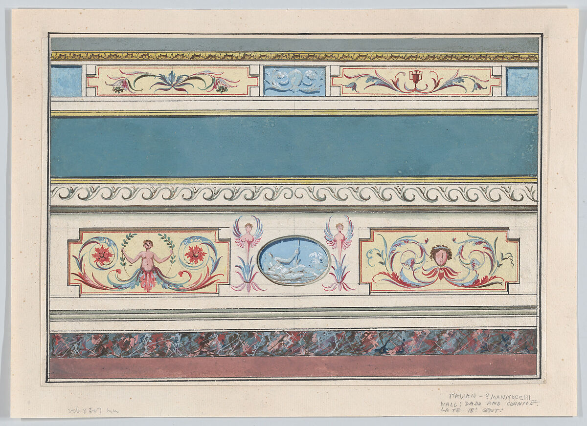 Design for the Decoration of a Cornice and Dado with Neoclassical Motifs, Attributed to Guiseppe Mannocchi (Italian, 1731–1782), Watercolor and gouache over graphite, some reinforcements in pen and ink 
