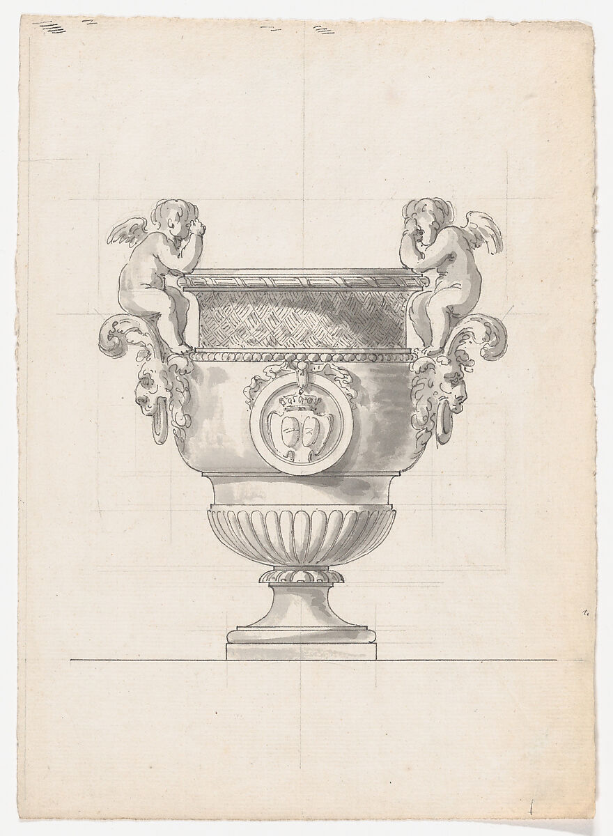 Bronze Garden Vase with Two Putti from the Gardens of Versailles, After Claude Ballin the Elder (French, 1615–1678), Pen and ink with gray wash over ruled lines in graphite 