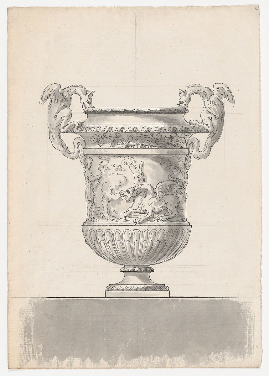 Bronze Garden Vase with Two Dragons from the Gardens of Versailles, After Claude Ballin the Elder (French, 1615–1678), Pen and ink with gray wash over ruled lines in graphite 