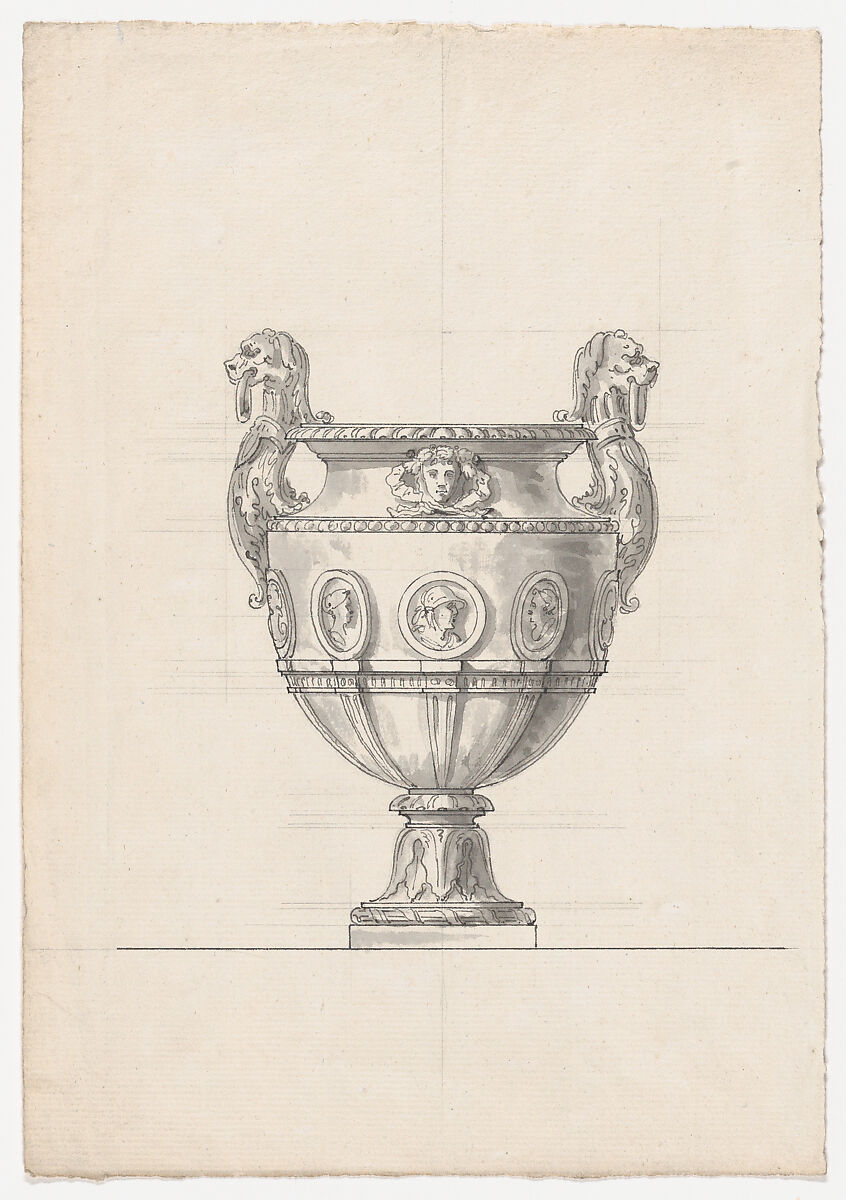 Bronze Garden Vase with Portrait Medallions and Hybrid Lion-shaped Handles, possibly related to the Gardens of Versailles, After Claude Ballin the Elder (French, 1615–1678) (?), Pen and ink with gray wash over ruled lines in graphite 