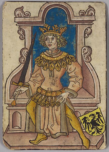 King of Germany, from The Courtly Household Cards, Woodcut on paper (pasteboard) with watercolor, opaque paint, pen and ink, and tooled gold and silver, German 