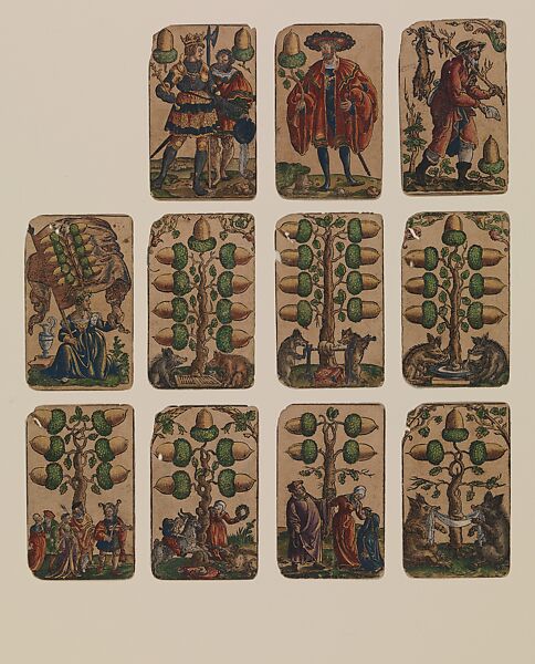 Suit of Acorns, from The Playing Cards of Peter Flötner, Peter Flötner (German, Thurgau 1485–1546 Nuremberg), Woodcut on paper with watercolor, opaque paint, and gold; the d’Este arms are hand drawn in pen and ink on the 2 of every suit, German 