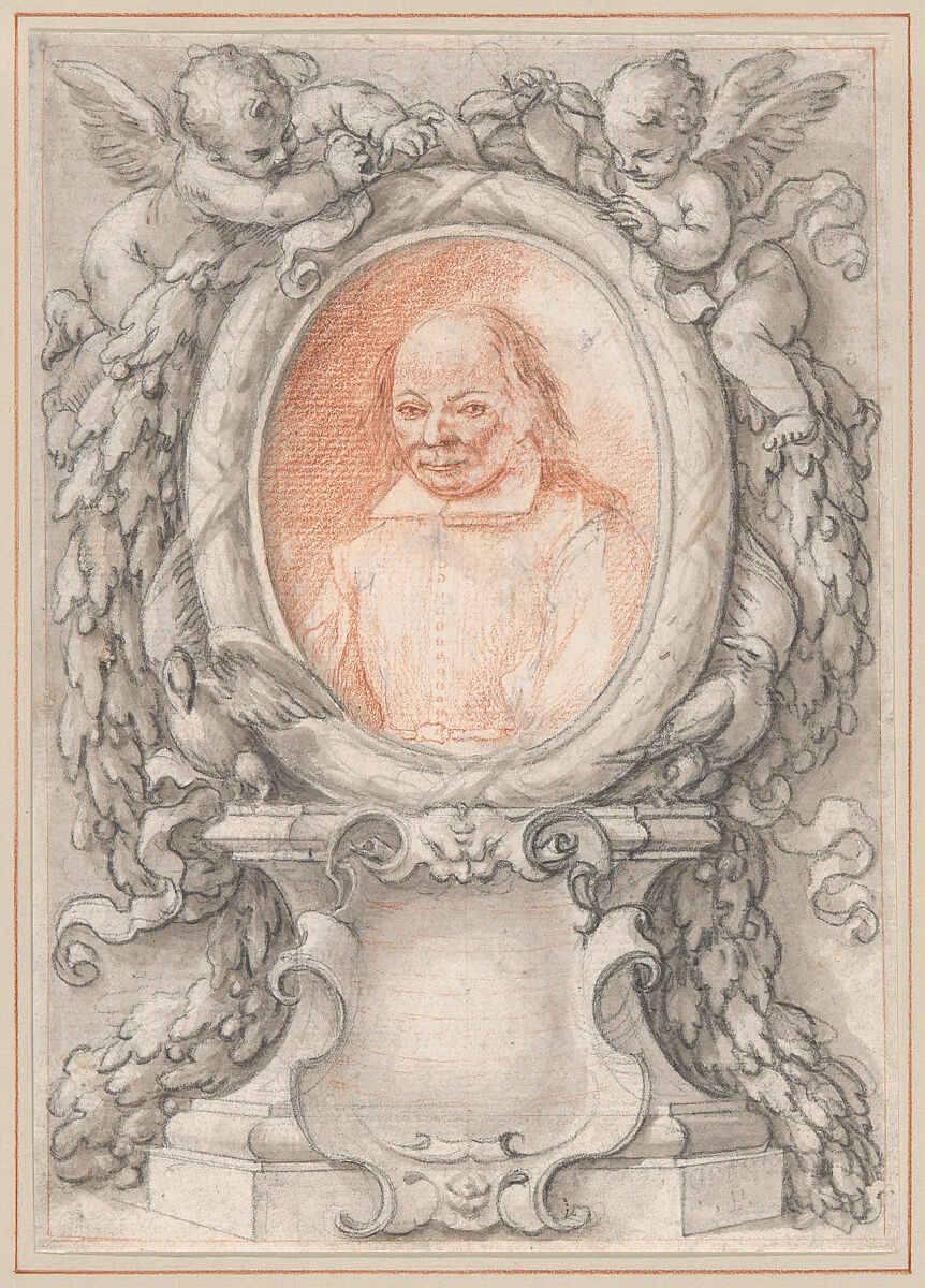 Oval Portrait of a Man in an Elaborate Frame with a Cartouche, Antonino Grano (Italian, active 18th century), Red chalk, highlighted with some white gouache, black chalk 