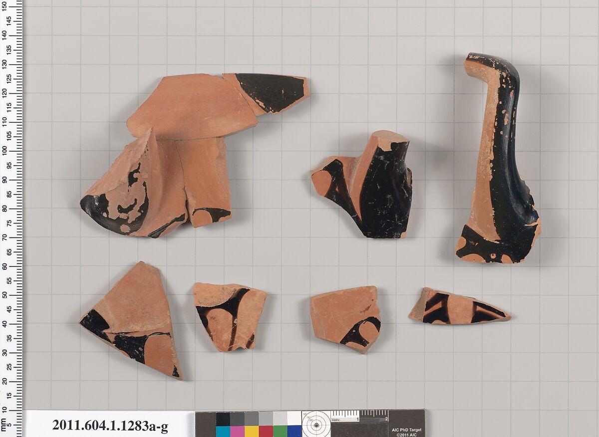 Terracotta fragments of kylikes (drinking cups), Terracotta, Greek, Attic 