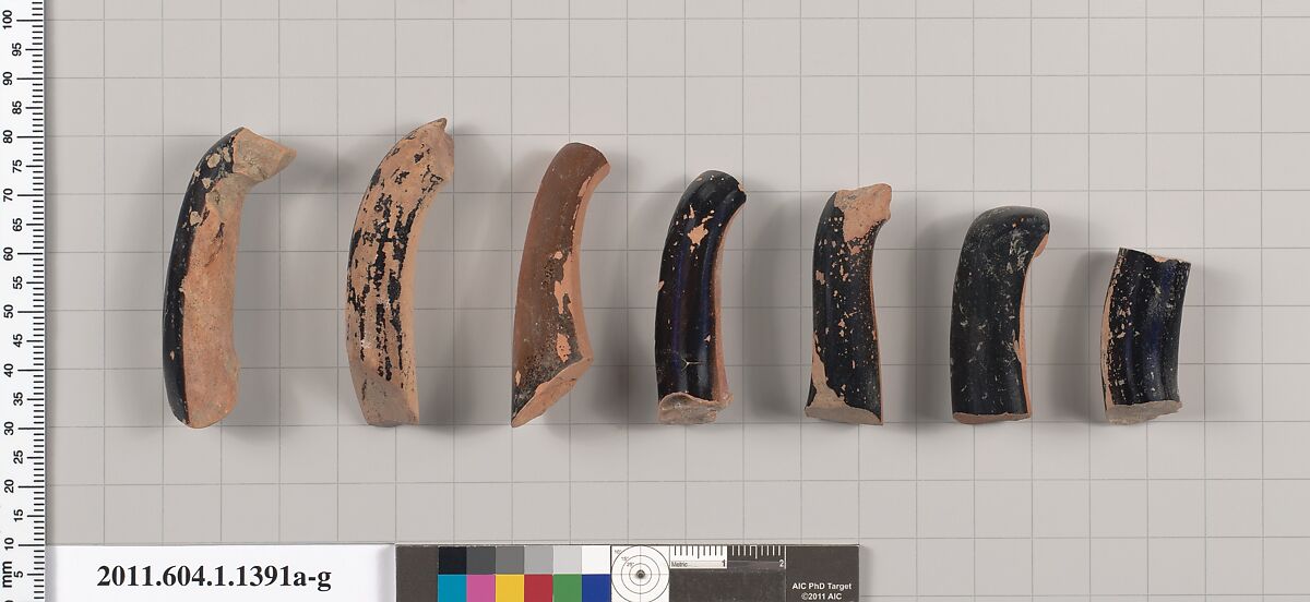 Terracotta fragments of kylikes (drinking cups), Terracotta, Greek, Attic 