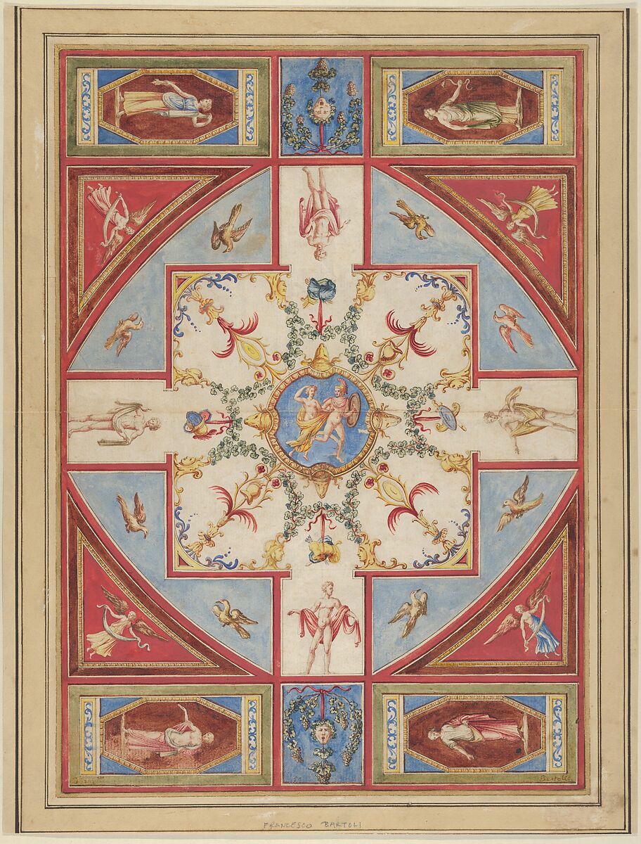 Design for a Ceiling with Grotesque Decoration, Francesco Bartoli (Italian, born Reggio, died 1779), Pen and ink with watercolor 