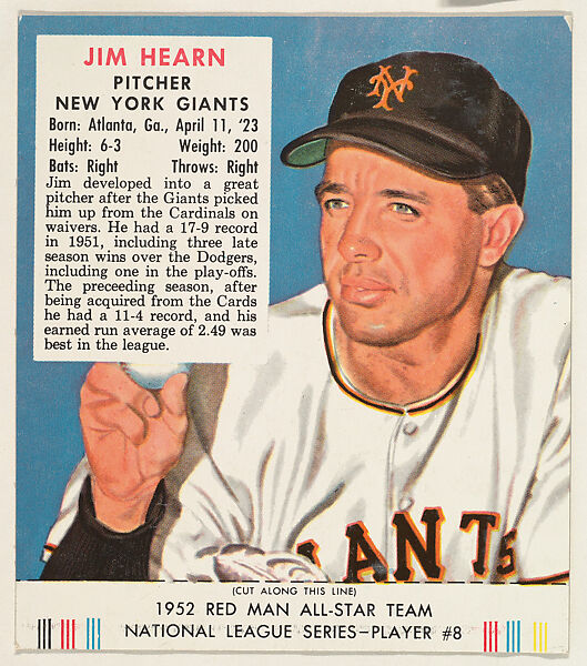 Jim Hearn, from the Red Man All-Star Team series (T232), issued by Red Man Chewing Tobacco, Issued by Red Man Chewing Tobacco (American), Commercial color lithograph 