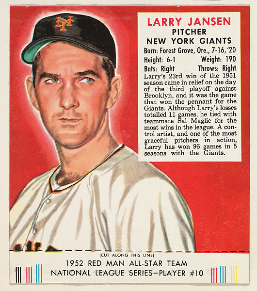 Larry Jansen, from the Red Man All-Star Team series (T232), issued by Red Man Chewing Tobacco, Issued by Red Man Chewing Tobacco (American), Commercial color lithograph 