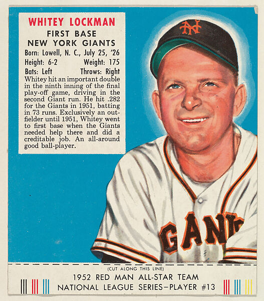 Whitey Lockman, from the Red Man All-Star Team series (T232), issued by Red Man Chewing Tobacco, Issued by Red Man Chewing Tobacco (American), Commercial color lithograph 