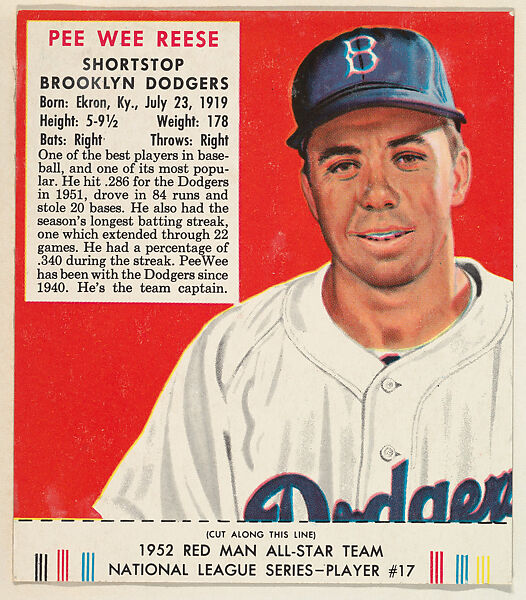 Issued by Red Man Chewing Tobacco, Pee Wee Reese, from the Red Man  All-Star Team series (T232), issued by Red Man Chewing Tobacco