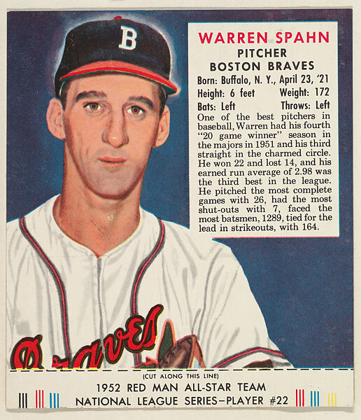 Warren Spahn Signed 1954 Red Heart #30 (JSA COA)