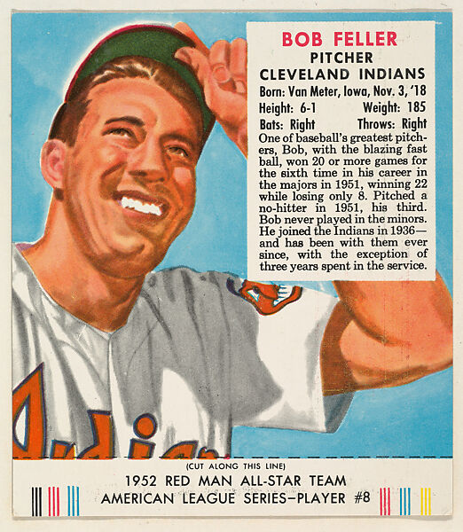 Bob Feller, from the Red Man All-Star Team series (T232), issued by Red Man Chewing Tobacco, Issued by Red Man Chewing Tobacco (American), Commercial color lithograph 