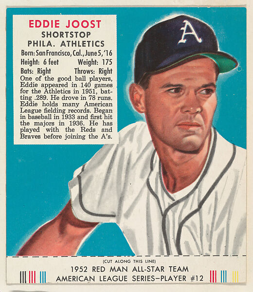 Eddie Joost, from the Red Man All-Star Team series (T232), issued by Red Man Chewing Tobacco, Issued by Red Man Chewing Tobacco (American), Commercial color lithograph 