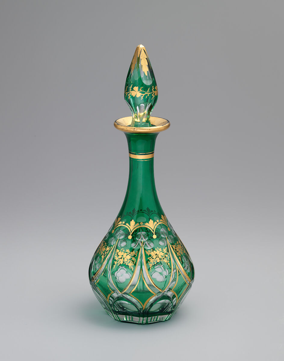 Perfume decanter, New England Glass Company (American, East Cambridge, Massachusetts, 1818–1888), Green cased over colorless lead glass; blown, cut and gilded, American 