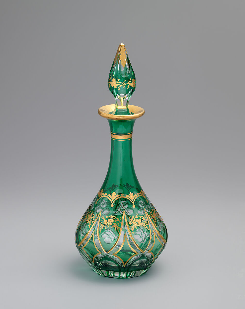 Perfume decanter, New England Glass Company (American, East Cambridge, Massachusetts, 1818–1888), Green cased over colorless lead glass; blown, cut and gilded, American 