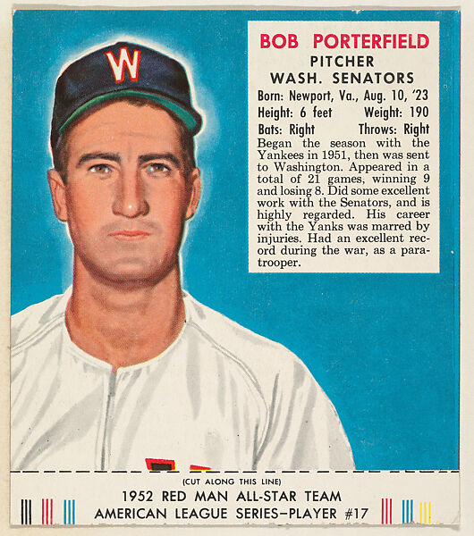 Bob Porterfield, from the Red Man All-Star Team series (T232), issued by Red Man Chewing Tobacco, Issued by Red Man Chewing Tobacco (American), Commercial color lithograph 