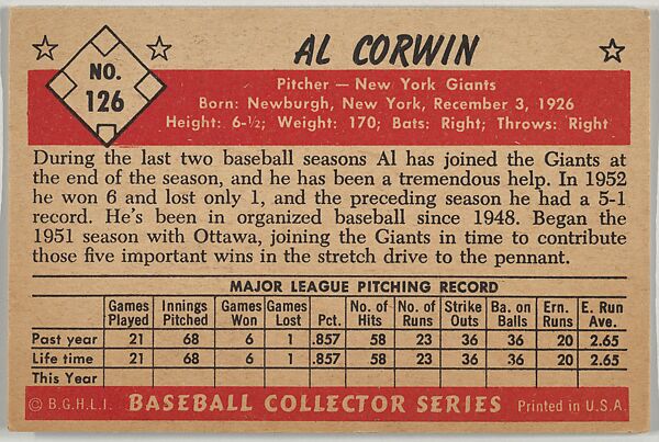 Al Corwin, Pitcher, New York Giants, from Collector Series, Colors set, series 7 (R406-7) issued by Bowman Gum, Issued by Bowman Gum Company, Commercial color lithograph