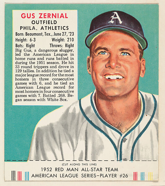 Gus Zernial, from the Red Man All-Star Team series (T232), issued by Red Man Chewing Tobacco, Issued by Red Man Chewing Tobacco (American), Commercial color lithograph 