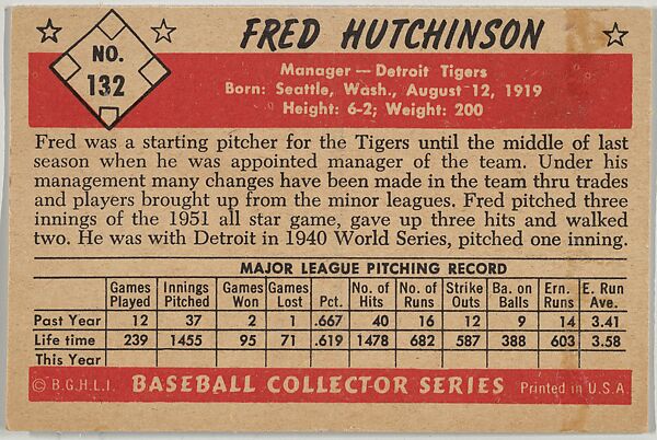 Fred Hutchinson, Manager, Detroit Tigers, from Collector Series, Colors set, series 7 (R406-7) issued by Bowman Gum, Issued by Bowman Gum Company, Commercial color lithograph