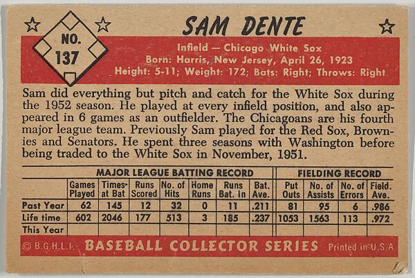 Sam Dente, Infield, Chicago White Sox, from Collector Series, Colors set, series 7 (R406-7) issued by Bowman Gum, Issued by Bowman Gum Company, Commercial color lithograph
