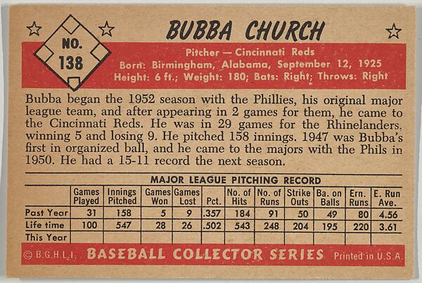 Bubba Church, Pitcher, Cincinnati Reds, from Collector Series, Colors set, series 7 (R406-7) issued by Bowman Gum, Issued by Bowman Gum Company, Commercial color lithograph
