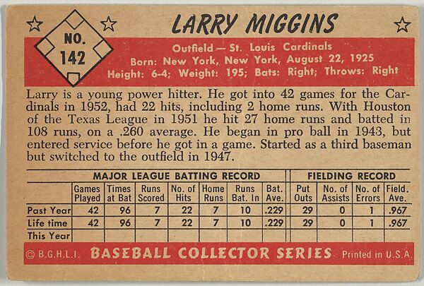 Larry Miggins, Outfield, St. Louis Cardinals, from Collector Series, Colors set, series 7 (R406-7) issued by Bowman Gum, Issued by Bowman Gum Company, Commercial color lithograph