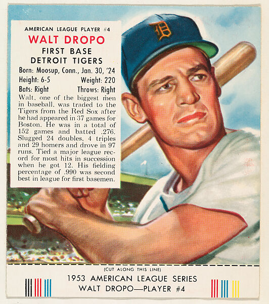 Walt Dropo, from the Red Man All-Star Team series (T233), issued by Red Man Chewing Tobacco, Issued by Red Man Chewing Tobacco (American), Commercial color lithograph 