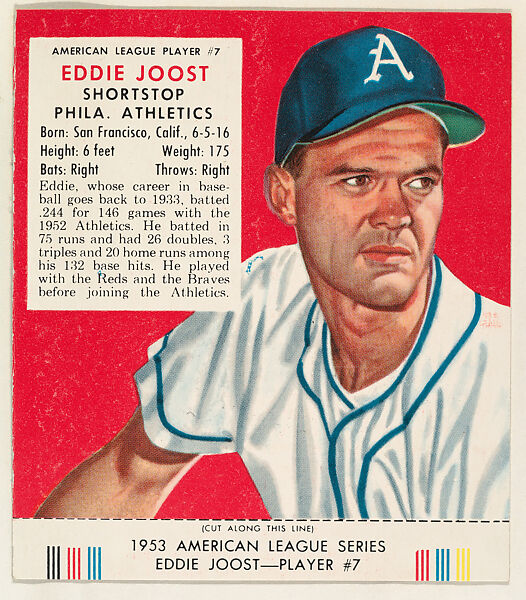 Eddie Joost, from the Red Man All-Star Team series (T233), issued by Red Man Chewing Tobacco, Issued by Red Man Chewing Tobacco (American), Commercial color lithograph 