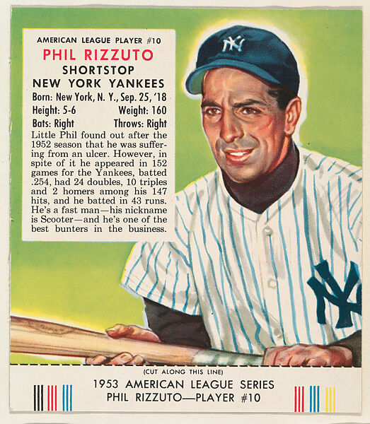 Issued by Red Man Chewing Tobacco, Phil Rizzuto, from the Red Man All-Star  Team series (T233), issued by Red Man Chewing Tobacco