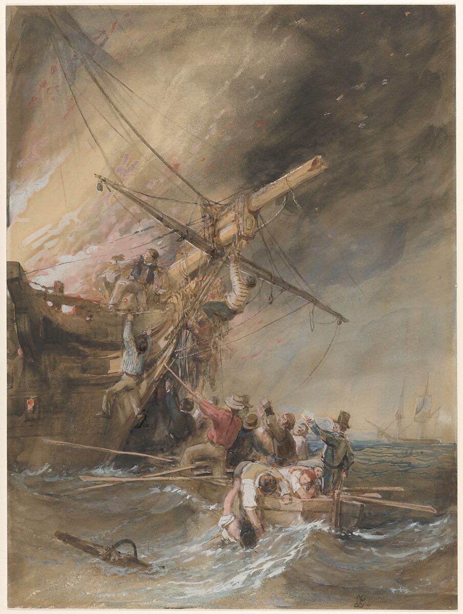 Fire at sea, Clarkson Stanfield (British, Sunderland 1793–1867 London), Watercolor and gouache (bodycolor) on beige paper 