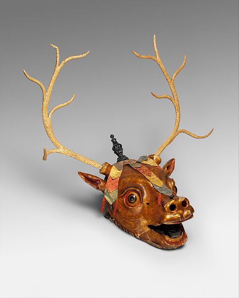 Stag Mask, Papier-mâché, polychrome, gilding, leather, and silk , Tibet 