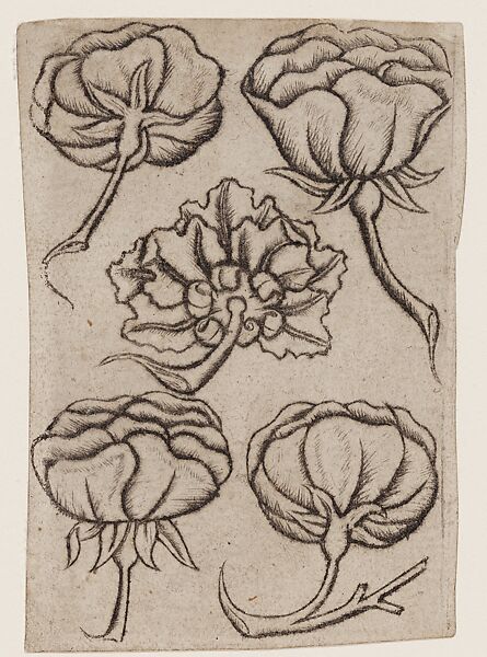 5 of Flowers, from The Playing Cards by the Master of the Playing Cards, Master of the Playing Cards (German, active ca. 1425–50), Copperplate engraving on paper (suits signs printed from a separate plate), German 