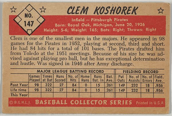 Clem Koshorek, Infield, Pittsburgh Pirates, from Collector Series, Colors set, series 7 (R406-7) issued by Bowman Gum, Issued by Bowman Gum Company, Commercial color lithograph