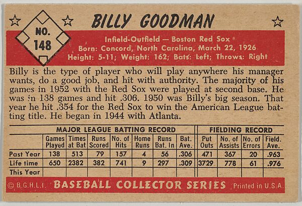 Billy Goodman, Infield, Outfield, Boston Red Sox, from Collector Series, Colors set, series 7 (R406-7) issued by Bowman Gum, Issued by Bowman Gum Company, Commercial color lithograph