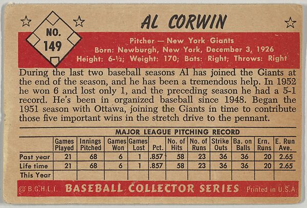 Al Corwin, Pitcher, New York Giants, from Collector Series, Colors set, series 7 (R406-7) issued by Bowman Gum, Issued by Bowman Gum Company, Commercial color lithograph