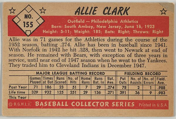 Allie Clark, Outfield, Philadelphia Athletics, from Collector Series, Colors set, series 7 (R406-7) issued by Bowman Gum, Issued by Bowman Gum Company, Commercial color lithograph