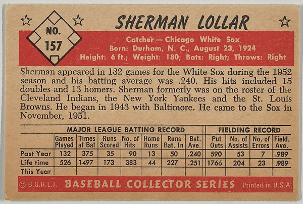 Sherman Lollar, Catcher, Chicago White Sox, from Collector Series, Colors set, series 7 (R406-7) issued by Bowman Gum, Issued by Bowman Gum Company, Commercial color lithograph