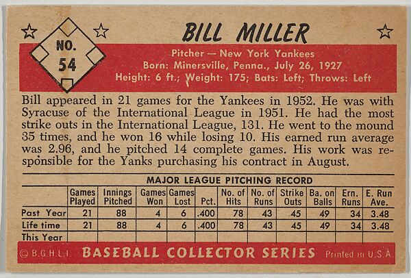 Bill Miller, Pitcher, New York Yankees, from Collector Series, Black & White set, series 8 (R406-8) issued by Bowman Gum, Issued by Bowman Gum Company, Commercial lithograph