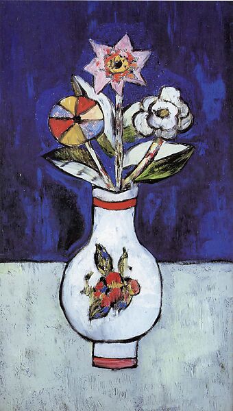 Three Flowers in a Vase, Marsden Hartley (American, Lewiston, Maine 1877–1943 Ellsworth, Maine), oil and metal leaf on glass 