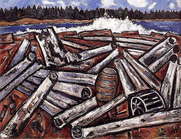 Log Jam, Penobscot Bay, Marsden Hartley (American, Lewiston, Maine 1877–1943 Ellsworth, Maine), Oil on hardboard (masonite) 
