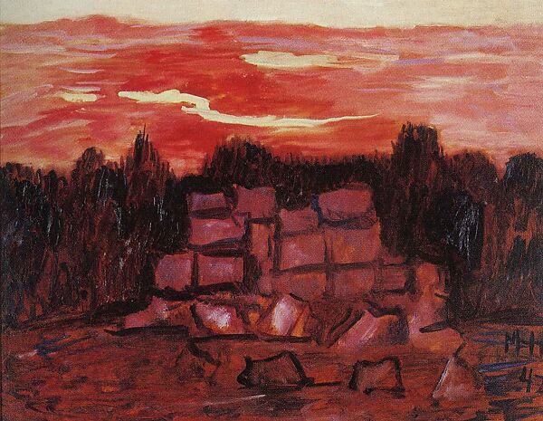 Sundown by the Ruins, Marsden Hartley (American, Lewiston, Maine 1877–1943 Ellsworth, Maine), Oil on composition board 