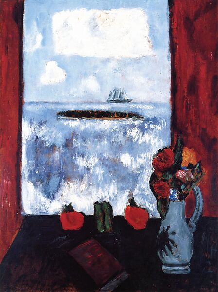 Summer, Sea, Window, Red Curtain, Marsden Hartley (American, Lewiston, Maine 1877–1943 Ellsworth, Maine), Oil on hardboard (masonite) 