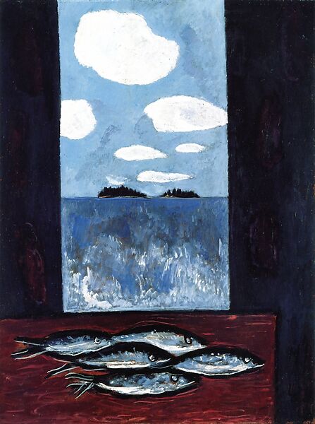 Sea Window–Tinker Mackerel, Marsden Hartley (American, Lewiston, Maine 1877–1943 Ellsworth, Maine), Oil on hardboard (masonite) 