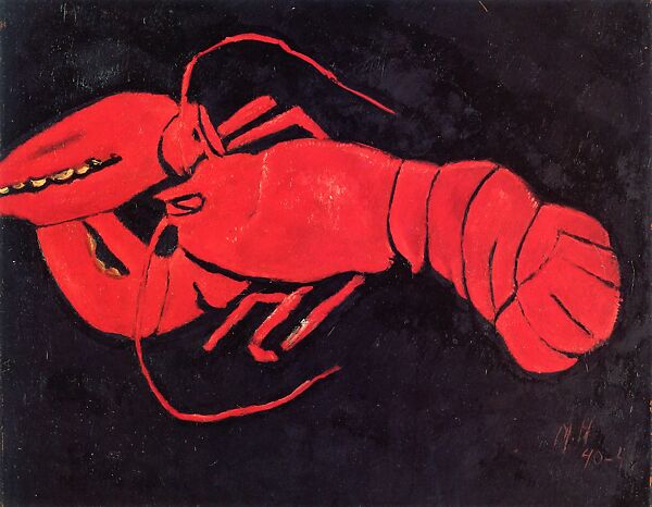 Lobster on Black Background, Marsden Hartley (American, Lewiston, Maine 1877–1943 Ellsworth, Maine), Oil on hardboard (masonite) 